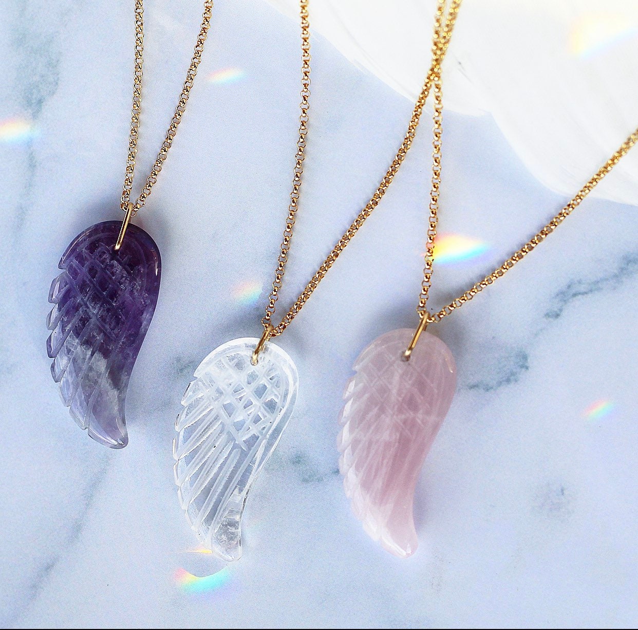 Angel Wing Crystal Necklace, Angel Wing Pendant, Amethyst Wing Necklace, Rose Quartz Angel Necklace, Angel Gift for Her