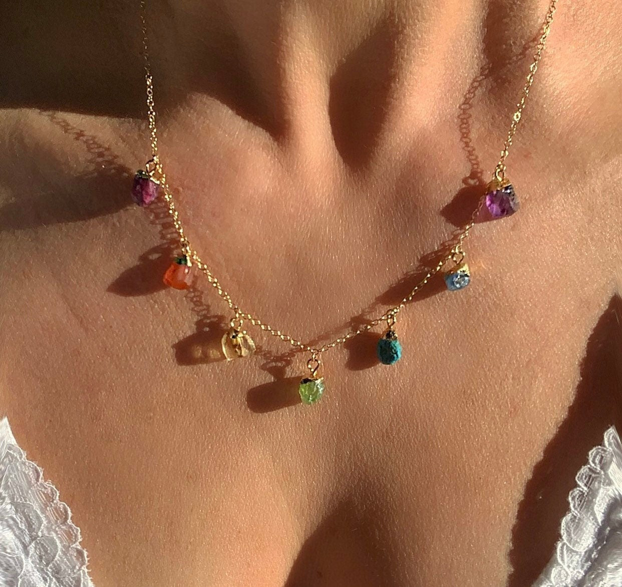 Raw Stone Chakra Necklace, Chakra Balancing Necklace, Raw Gemstone Necklace, Crystal Healing Necklace, Boho Chakra Necklace, Gift for Her
