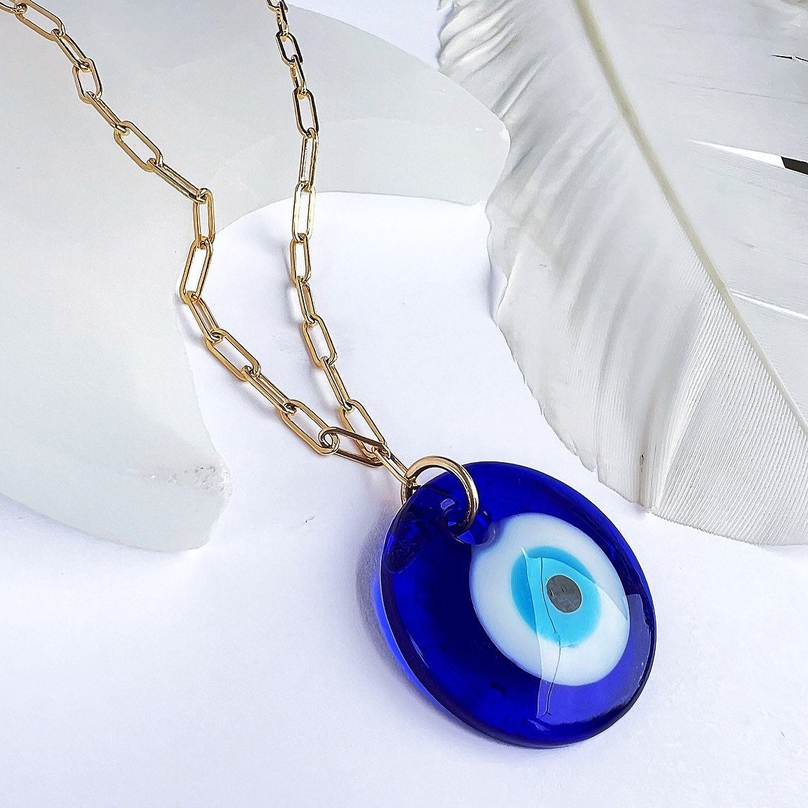 Large Evil Eye Necklace, Protection Charm Necklace, Glass Evil Eye Necklace, Turkish Glass Evil Eye Necklace, Blue Eye Pendant