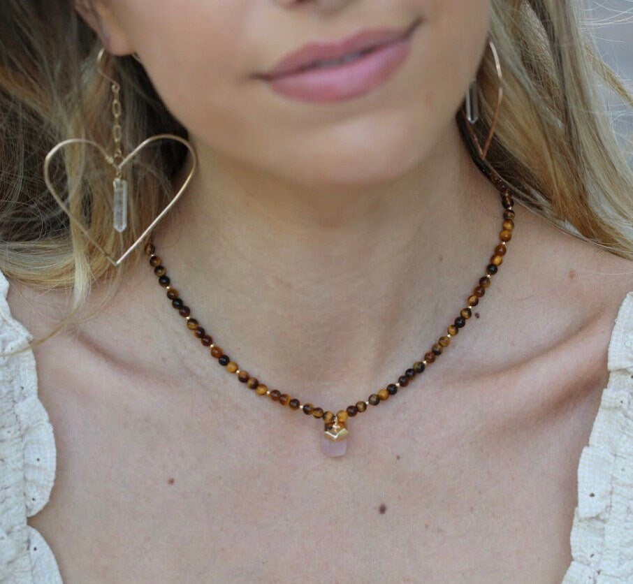 Crystal Point Beaded Choker, Beaded Crystal Necklace, Tigers Eye Bead Necklace, Protection Beaded Necklace, Tourmaline Bead Choker