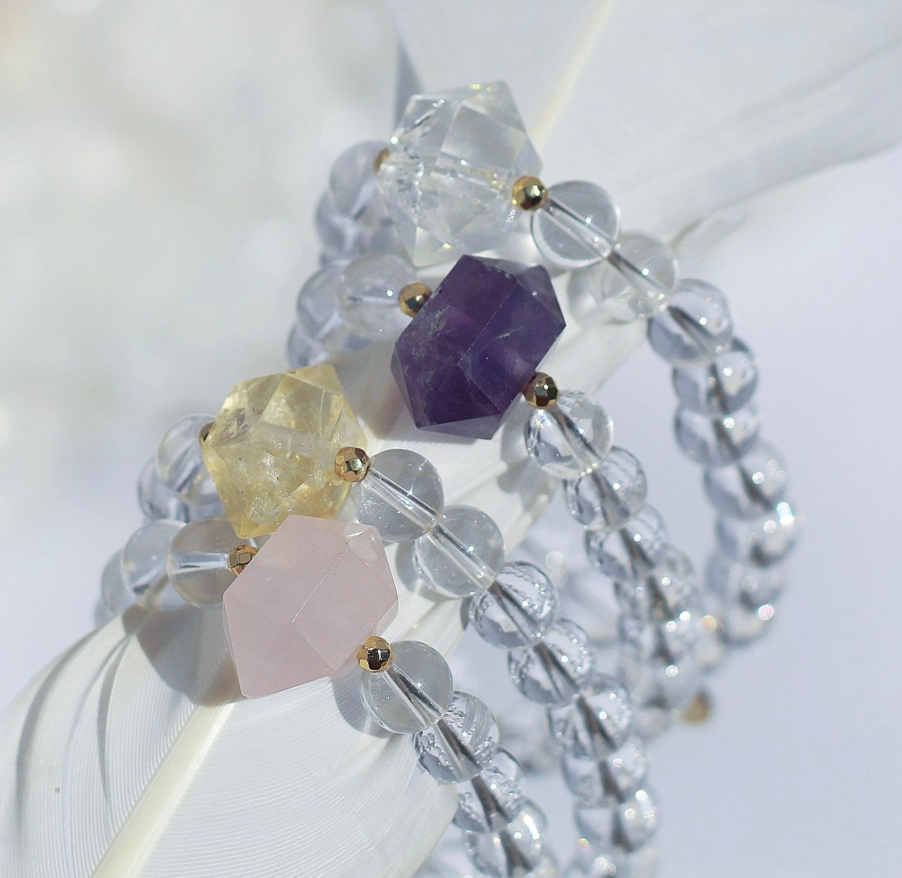 Citrine and Quartz Crystal Mala Bracelet, Healing Crystal Bead Bracelet, Clear Crystal Mala Bracelet, Energy Stone Beaded Bracelet