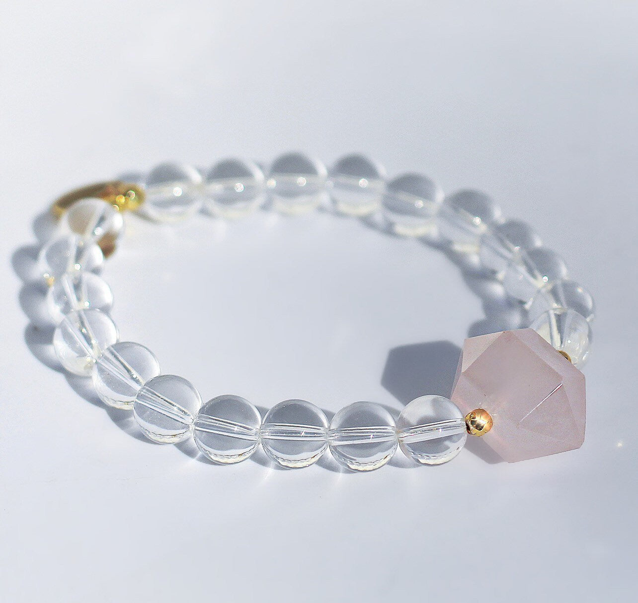 Rose Quartz and Crystal Quartz Mala Bracelet, Healing Stone Stretch Bracelet, Quartz Crystal Bead Bracelet, Healing Gemstone Bracelet