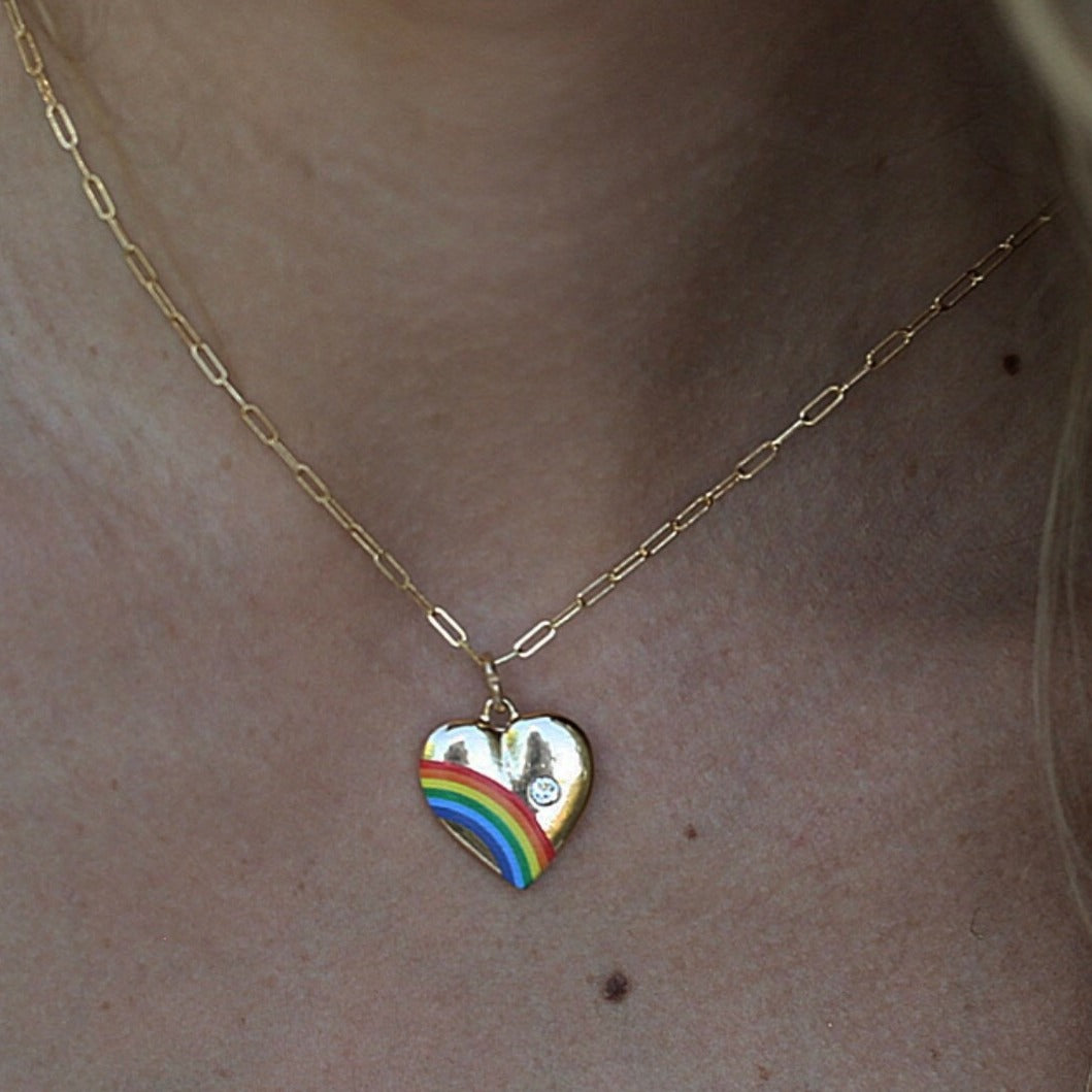 Rainbow Heart Charm Necklace, Vintage Style Gold Heart Choker, 80s Heart Charm, Rainbow Charm Choker, Vintage Rainbow Necklace