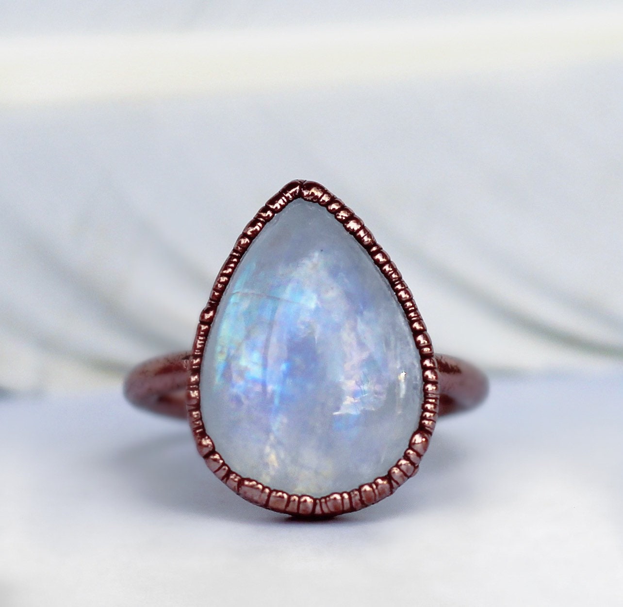 Moonstone Teardrop Ring, Rainbow Moonstone Crystal Ring, Teardrop Shaped Cocktail Ring, Moonstone Statement Ring