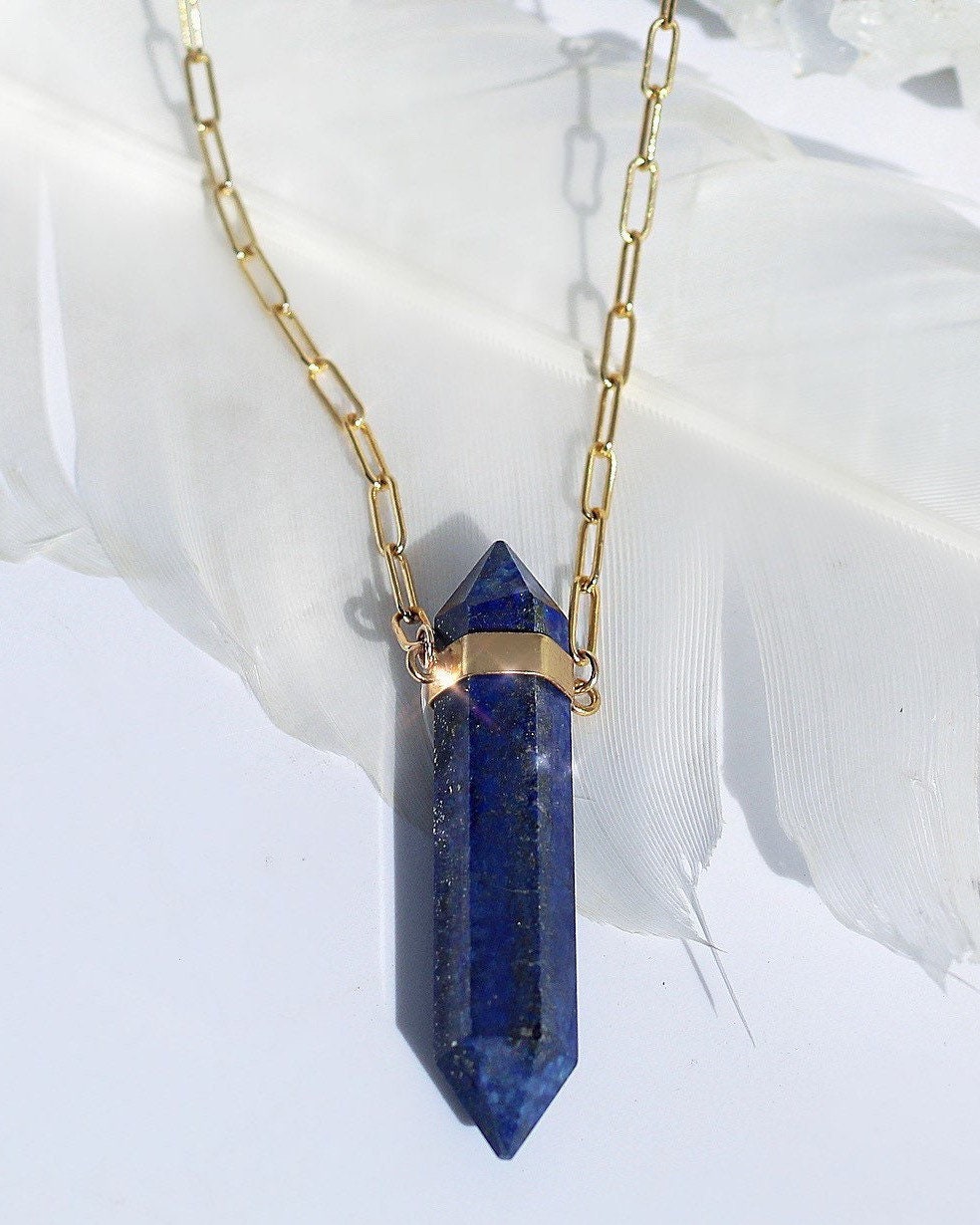 Chunky Lapis Lazuli Point Necklace, Double Terminated Lapis Lazuli Necklace, Lapis Lazuli Point Pendant, Throat Chakra Crystal Necklace