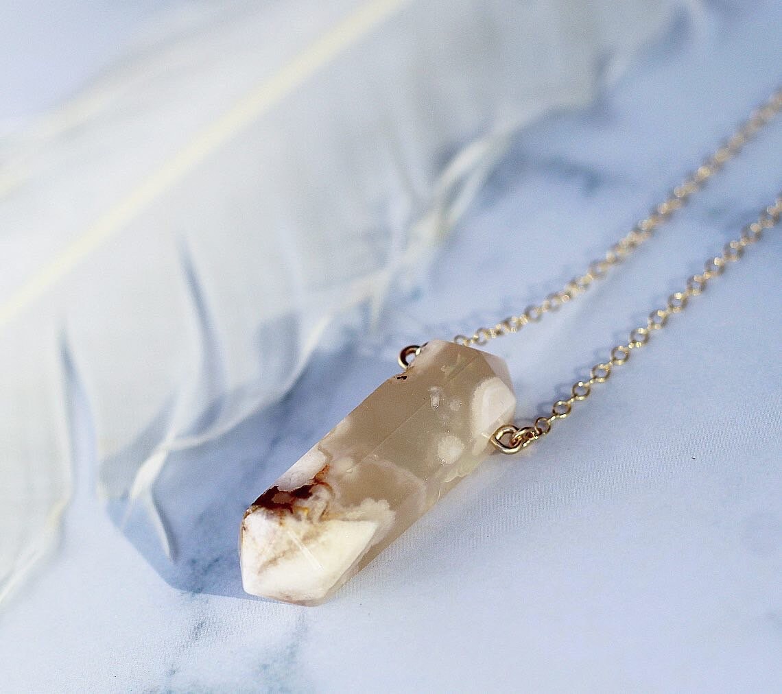 Flower Agate necklace, Cherry Blossom Agate Crystal Necklace, Crystal Point Pendant Necklace, Sakura Agate Necklace, Healing Gem Necklace,