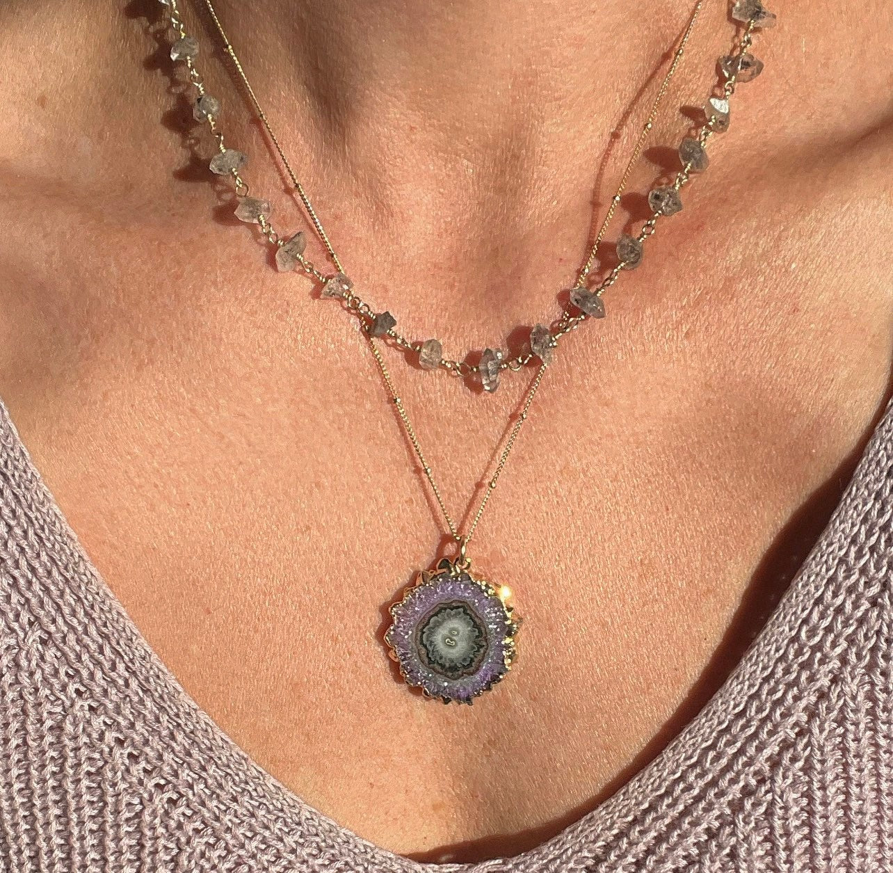 One of a Kind Natural Amethyst Stalactite Slice Necklace – Buddha