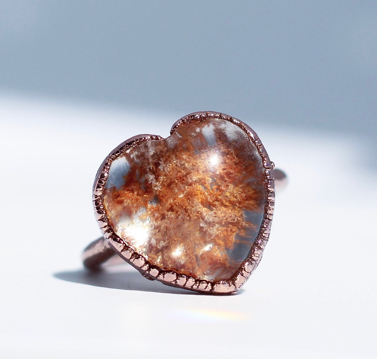 Garden Quartz Heart Ring, Heart Stone Lodolite Ring, Garden Quartz Crystal Ring, Polished Lodolite Stone Ring, Boho Heart Ring, Heart Gift