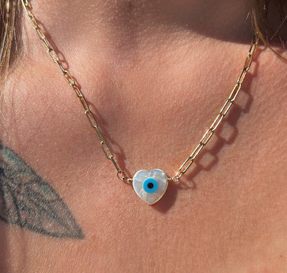 Mother of Pearl Evil Eye Heart Necklace, Gold Filled Pearl Necklace, Pearl Layer Necklace, Heart Shaped Eye Pendant, Boho Pearl Jewelry