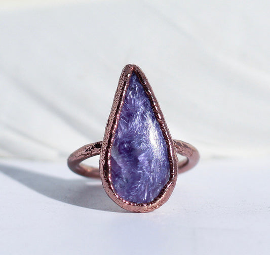 Charoite Ring, Charoite Crystal Ring, Charoite Jewelry, Natural Charoite Stone, Purple Teardrop Stone Ring, Crown Chakra Ring, Copper Ring