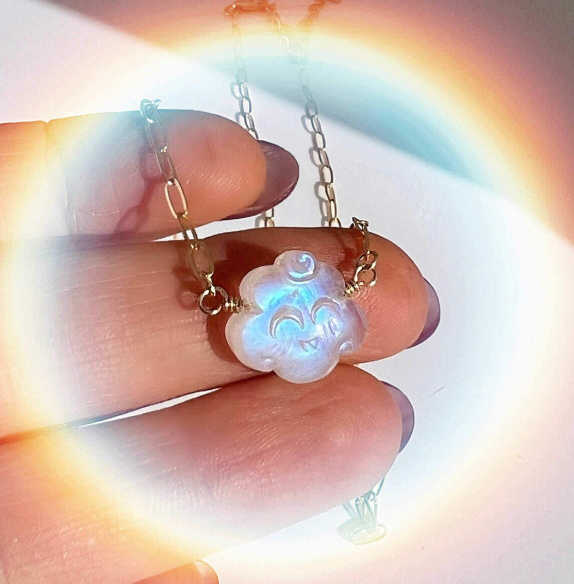 Rainbow Moonstone Cloud Happy Face Necklace 14K Rose Gold Filled