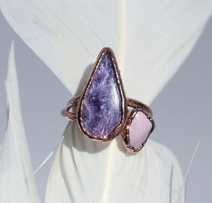 Charoite Ring, Charoite Crystal Ring, Charoite Jewelry, Natural Charoite Stone, Purple Teardrop Stone Ring, Crown Chakra Ring, Copper Ring