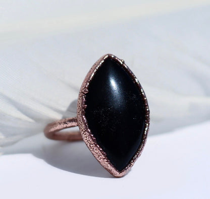 Obsidian Statement Ring, Black Marquise Stone Ring, Black Crystal Cocktail Ring, Large Black Oval Ring, Obsidian Jewelry, Obsidian Stone