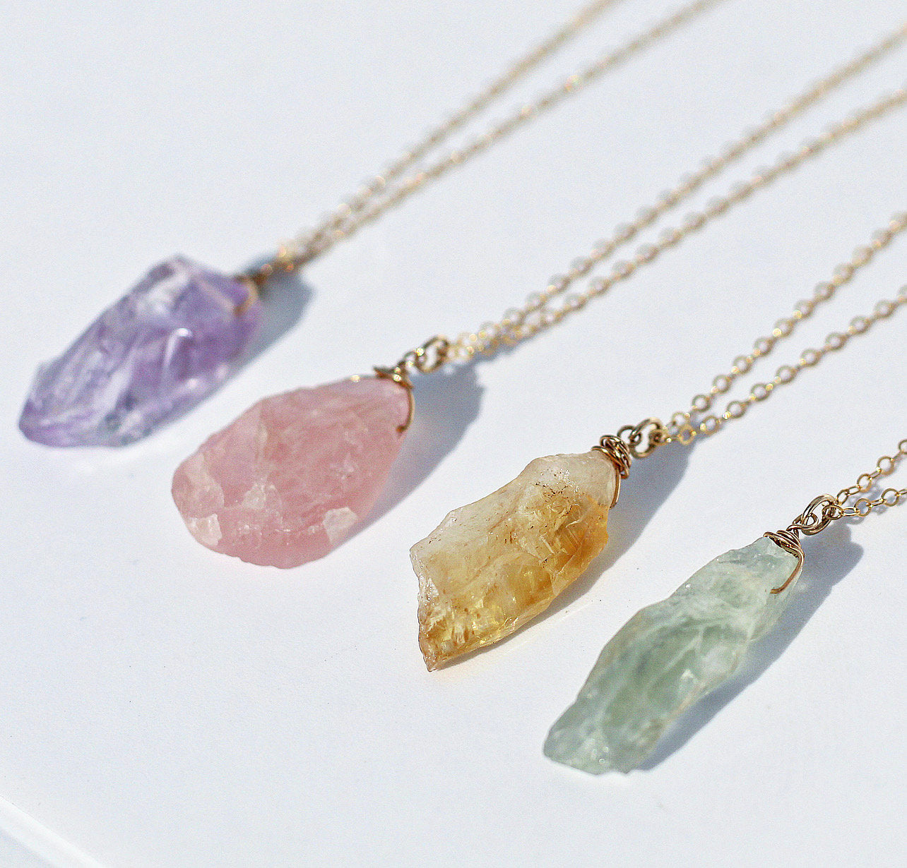 Raw Crystal Necklace, Raw Rose Quartz Necklace, Citrine Pendant, Amethyst Crystal Pendant, Green Amethyst Jewelry, One of a Kind Necklace