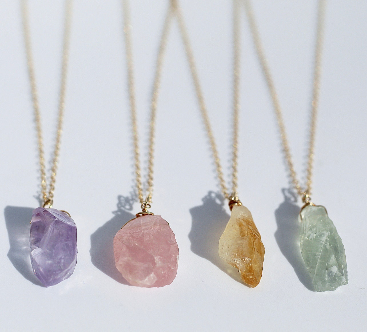 Raw Crystal Necklace, Raw Rose Quartz Necklace, Citrine Pendant, Amethyst Crystal Pendant, Green Amethyst Jewelry, One of a Kind Necklace