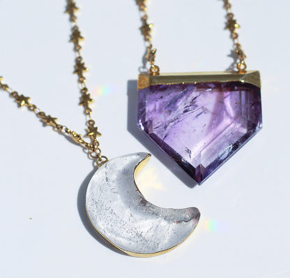Big Amethyst Point Necklace with Tiny Star Chain, Chunky Terminated Amethyst Crystal, Crystal Shield Necklace Silver, Amethyst Pendant Gold