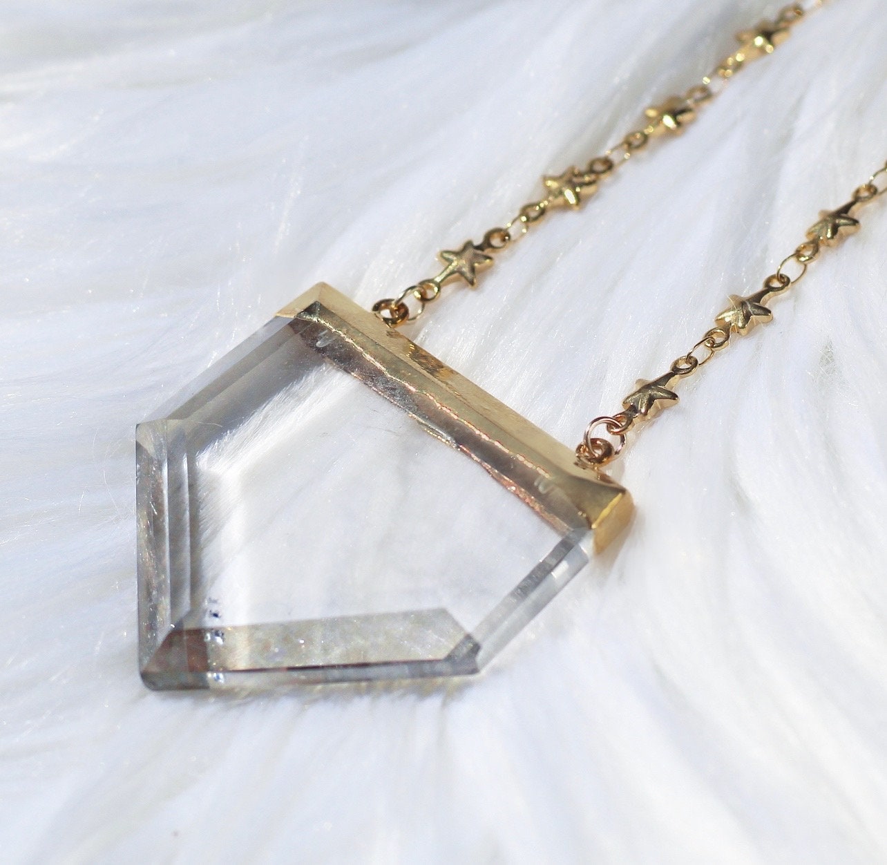 Large Quartz Point Necklace with Tiny Star Chain, Big Terminated Crystal, Quartz Shield Pendant Gold, Clear Quartz Necklace Silver