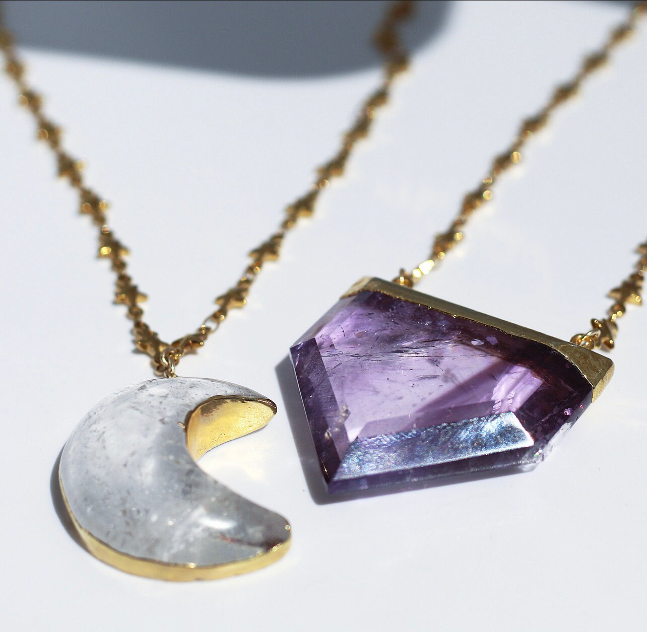 Crystal Moon Necklace, Moon Pendant, Electroformed Jewelry, Genuine Quartz Pendant, Star Chain Necklace, Celestial Jewelry, Genuine Crystal
