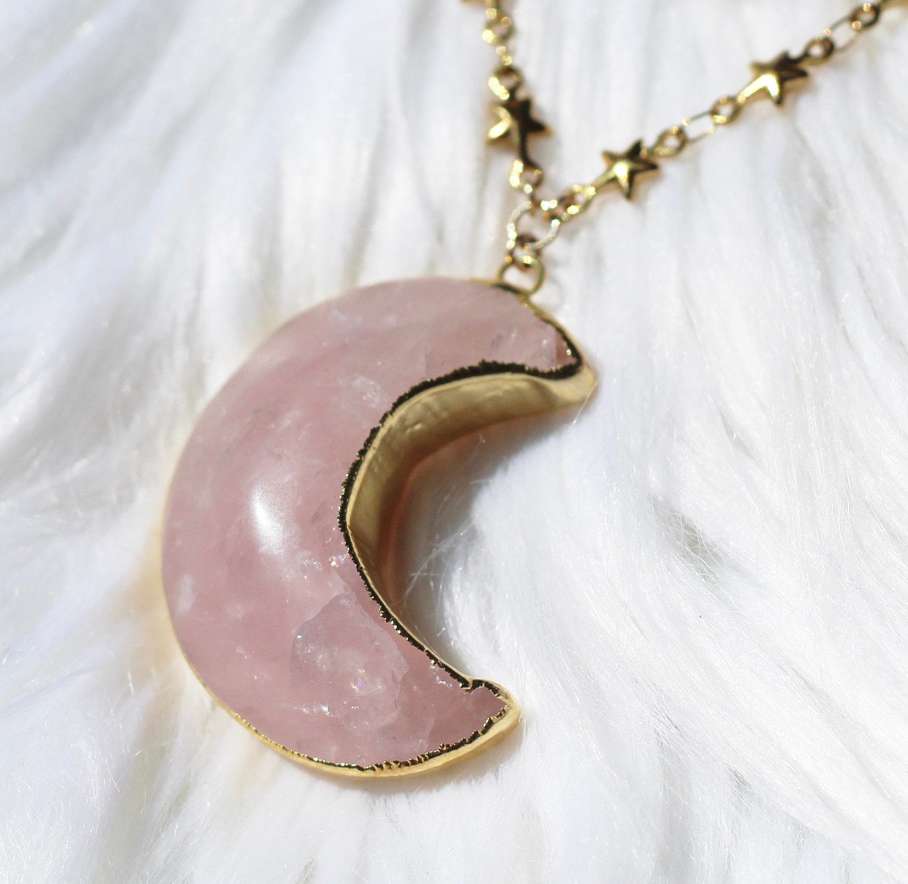 Rose Quartz Moon Electroformed Necklace, Spiritual Jewelry, Genuine Rose Quartz Pendant, Luxurious Crystal Necklace, Star Link Chain