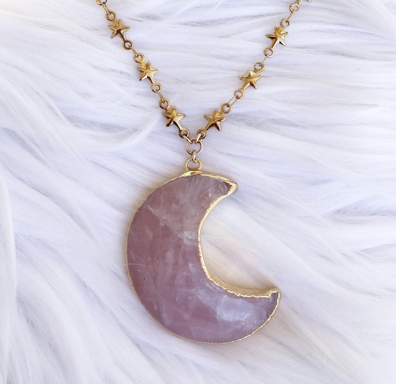 Rose Quartz Moon Electroformed Necklace, Spiritual Jewelry, Genuine Rose Quartz Pendant, Luxurious Crystal Necklace, Star Link Chain