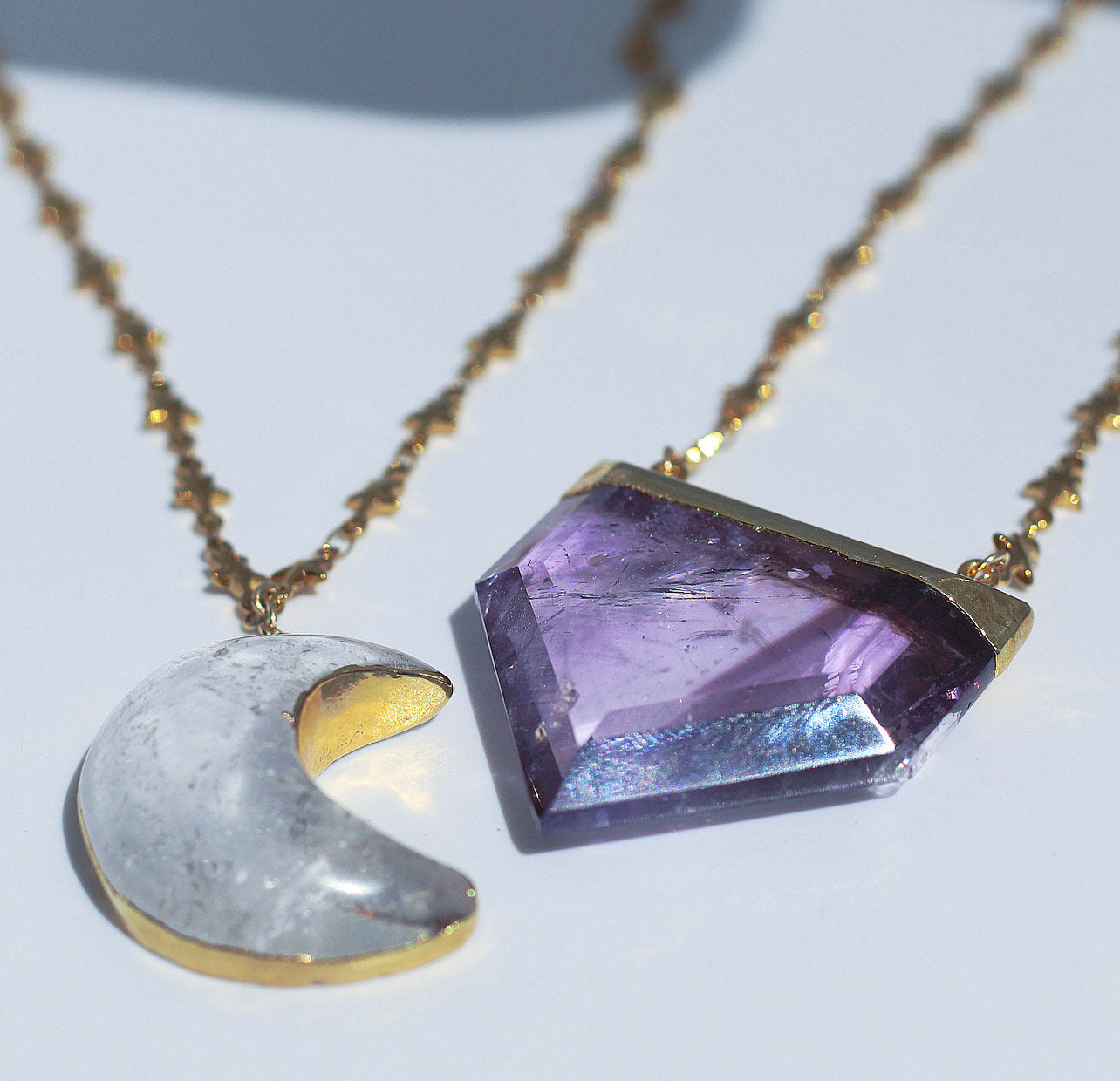 Big Amethyst Point Necklace with Tiny Star Chain, Chunky Terminated Amethyst Crystal, Crystal Shield Necklace Silver, Amethyst Pendant Gold