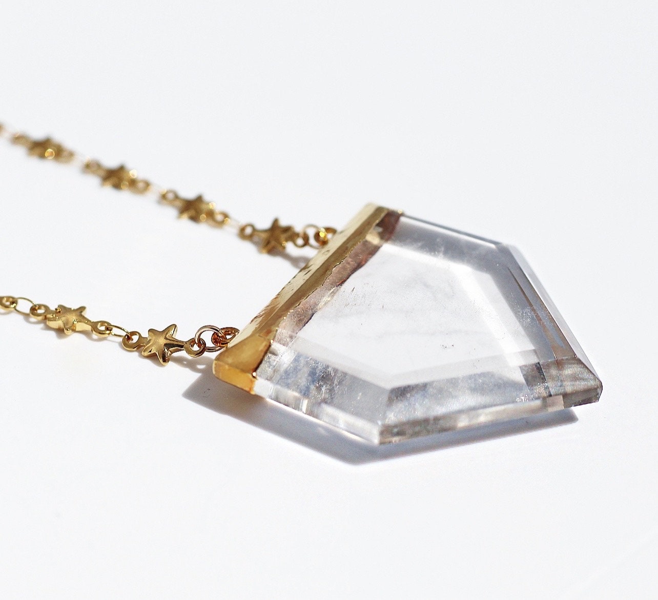 Large Quartz Point Necklace with Tiny Star Chain, Big Terminated Crystal, Quartz Shield Pendant Gold, Clear Quartz Necklace Silver