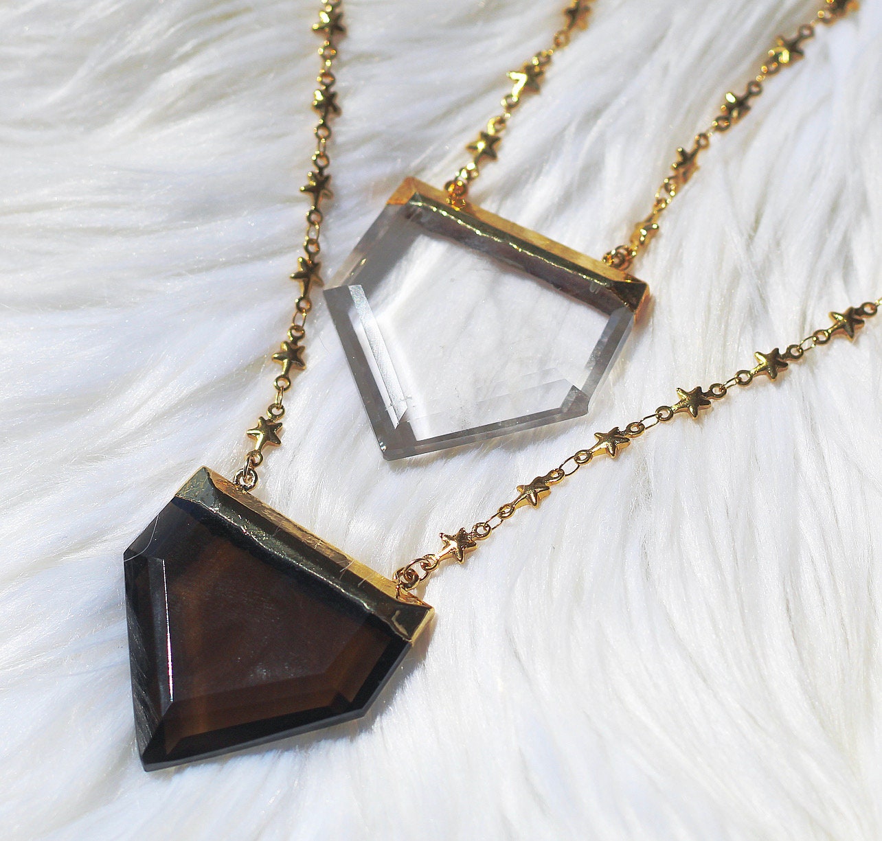 clear quartz crystal shield necklace- unique star chain- handcrafted gold/  silver electroformed chunky crystal pendant