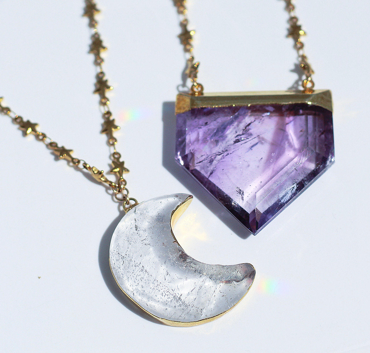 Crystal Moon Necklace, Moon Pendant, Electroformed Jewelry, Genuine Quartz Pendant, Star Chain Necklace, Celestial Jewelry, Genuine Crystal
