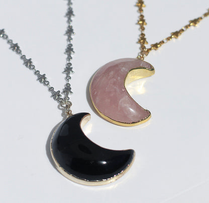 Rose Quartz Moon Electroformed Necklace, Spiritual Jewelry, Genuine Rose Quartz Pendant, Luxurious Crystal Necklace, Star Link Chain