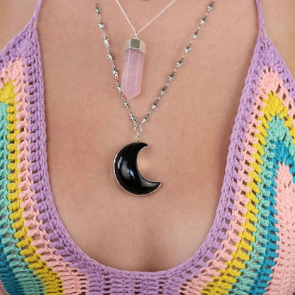 Black Moon Necklace, Huge Moon Pendant, Black Onyx Crystal Pendant, Big Crystal Moon Necklace, Moon and Star Necklace, Witchy Stone Necklace