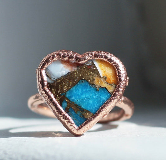 Statement Oyster Turquoise Heart Ring, Oyster Copper Turquoise Ring, Spiny Oyster Heart Jewelry, Turquoise Jewelry Gift, Southwest Jewelry