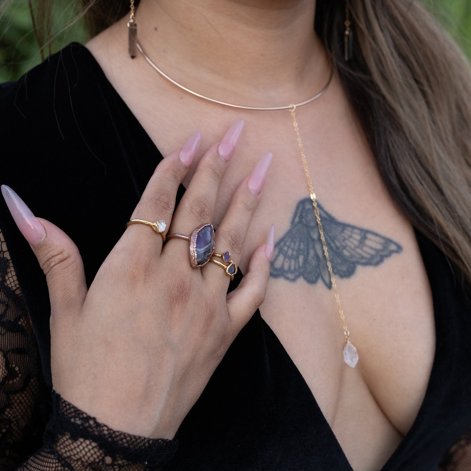 Torque Choker with Herkimer Diamond Lariat Chain in 14k Gold Filled or Sterling Silver 14k Gold Filled