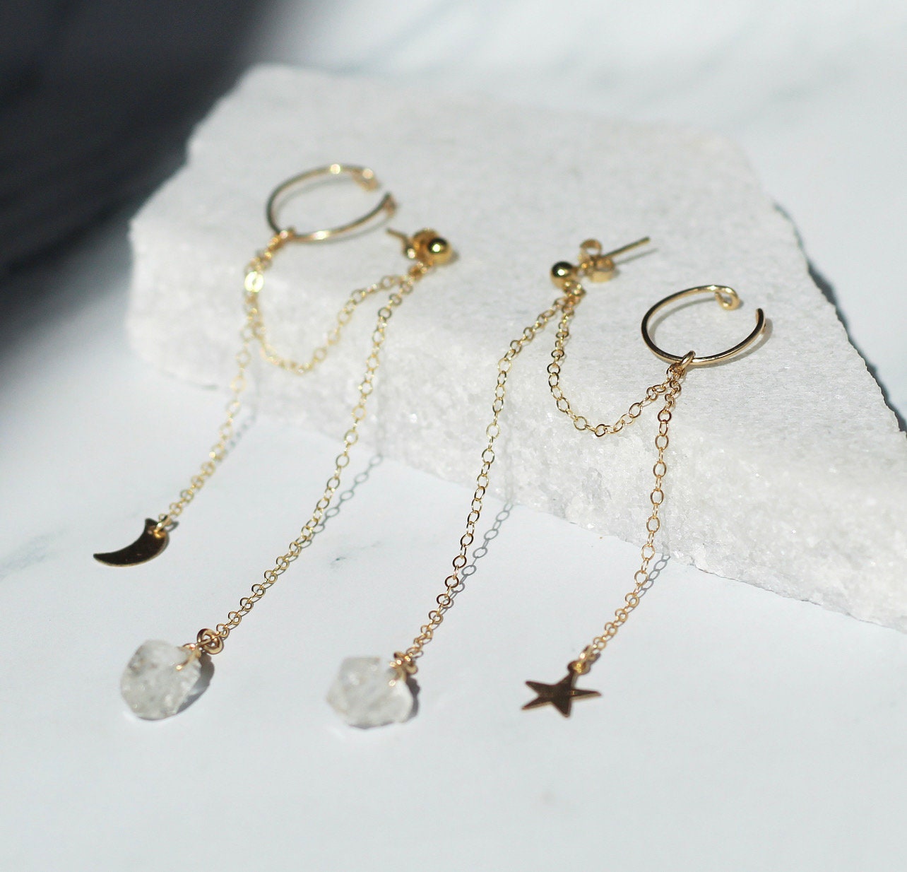 North Star & Diamonds Long Chain Earrings - Celine Daoust - Celine Daoust