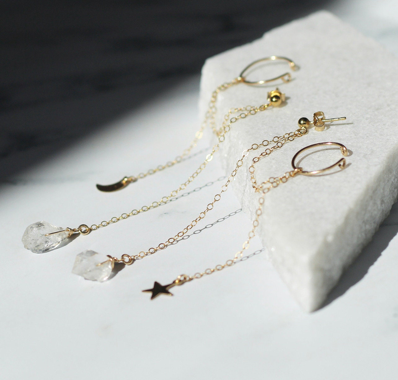 Hanging Chain Post Earrings with Bead Accents in 14k Yellow and White Gold  - The Lustro Hut