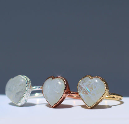 Moonstone Heart Ring, Big Crystal Heart Ring, Heart Stone Ring, Copper Moonstone Ring, Love Ring, Rainbow Moonstone Jewelry