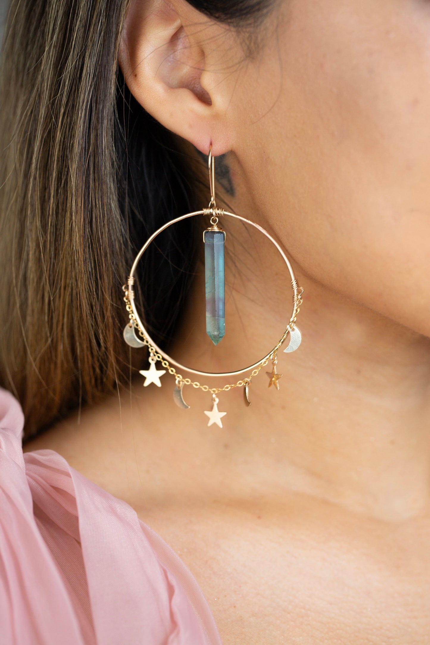 Moon and Star Crystal Hoop Earrings, Celestial Statement Earrings, Gypsy Hoop Earrings, Gold Moon Jewelry, Moon and Star Jewelry