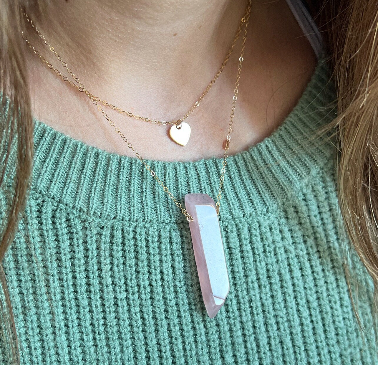 Raw Rose Quartz Healing Crystal Bar Necklace, 14k Rose Gold Filled Chain, Sterling Silver Crystal, 14k Gold Filled Crystal Necklace