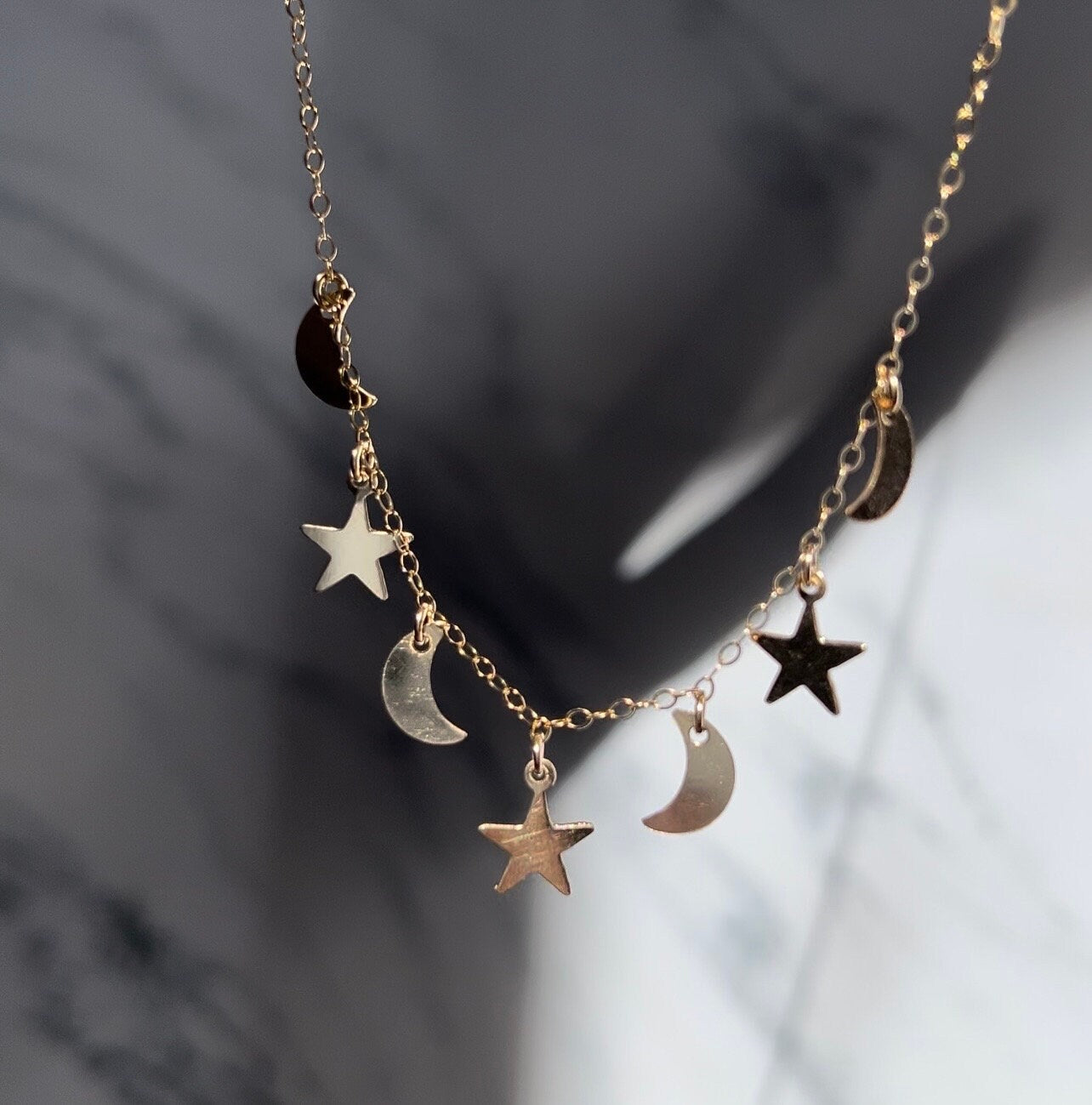 Moon and Stars Necklace, Dainty Charm Necklace, Star Charm Layering Necklace, Moon Charm Necklace, Celestial Necklace Women, Delicate Gold