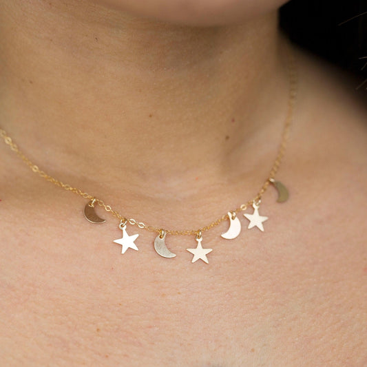 Moon and Stars Necklace, Dainty Charm Necklace, Star Charm Layering Necklace, Moon Charm Necklace, Celestial Necklace Women, Delicate Gold