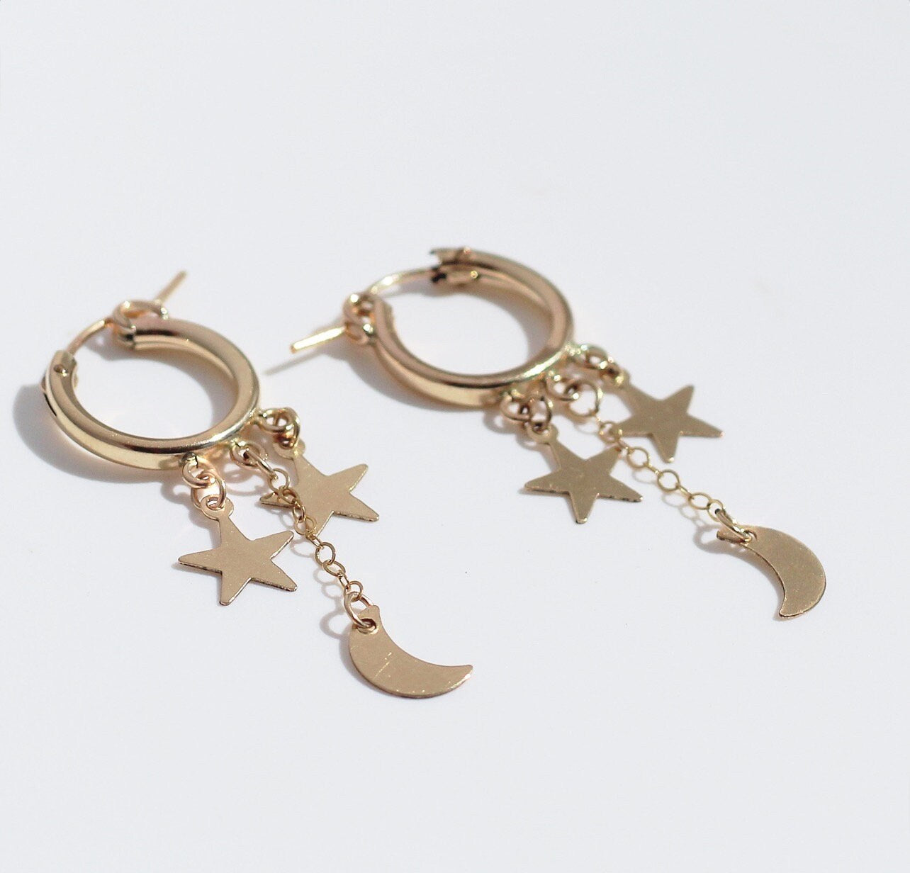 Dainty Celestial Earrings, Delicate Huggie Hoops, Moon and Star Earrings, Delicate Dangle Earrings, Tiny Star Earrings, Gold Filled Earrings