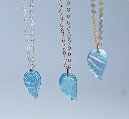 Dainty Angel Wing Necklace, Delicate Aquamarine Pendant, Something Blue for Bride, Angel Wing Jewelry, Angel Gift for Her, March Birthstone