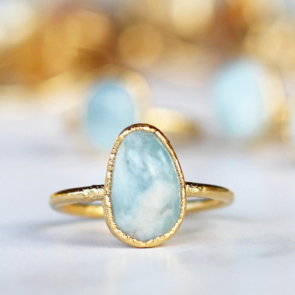 Polished Aquamarine Ring in Gold, gold electroformed, aquamarine stone, gold aquamarine, gold electroformed, crystal jewelry, March birthstone, crystal jewelry, birthstone crystal, stone ring gold, Blossom jewels, Buddha Blossom