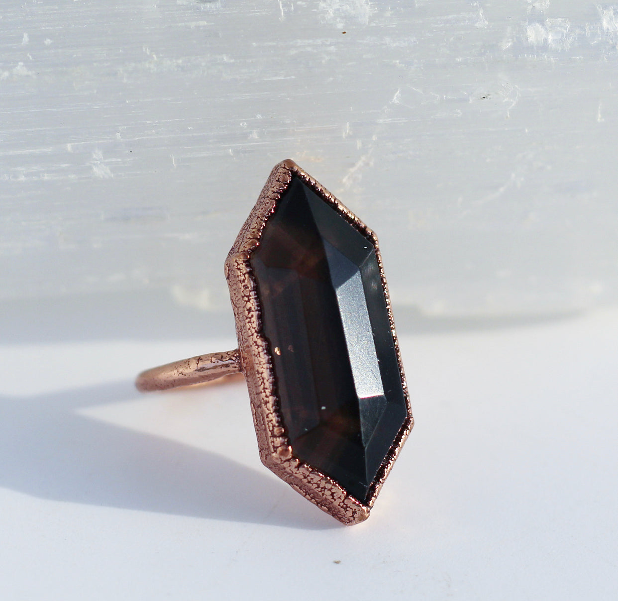 Double Terminated Smoky Quartz Cocktail Ring in Copper