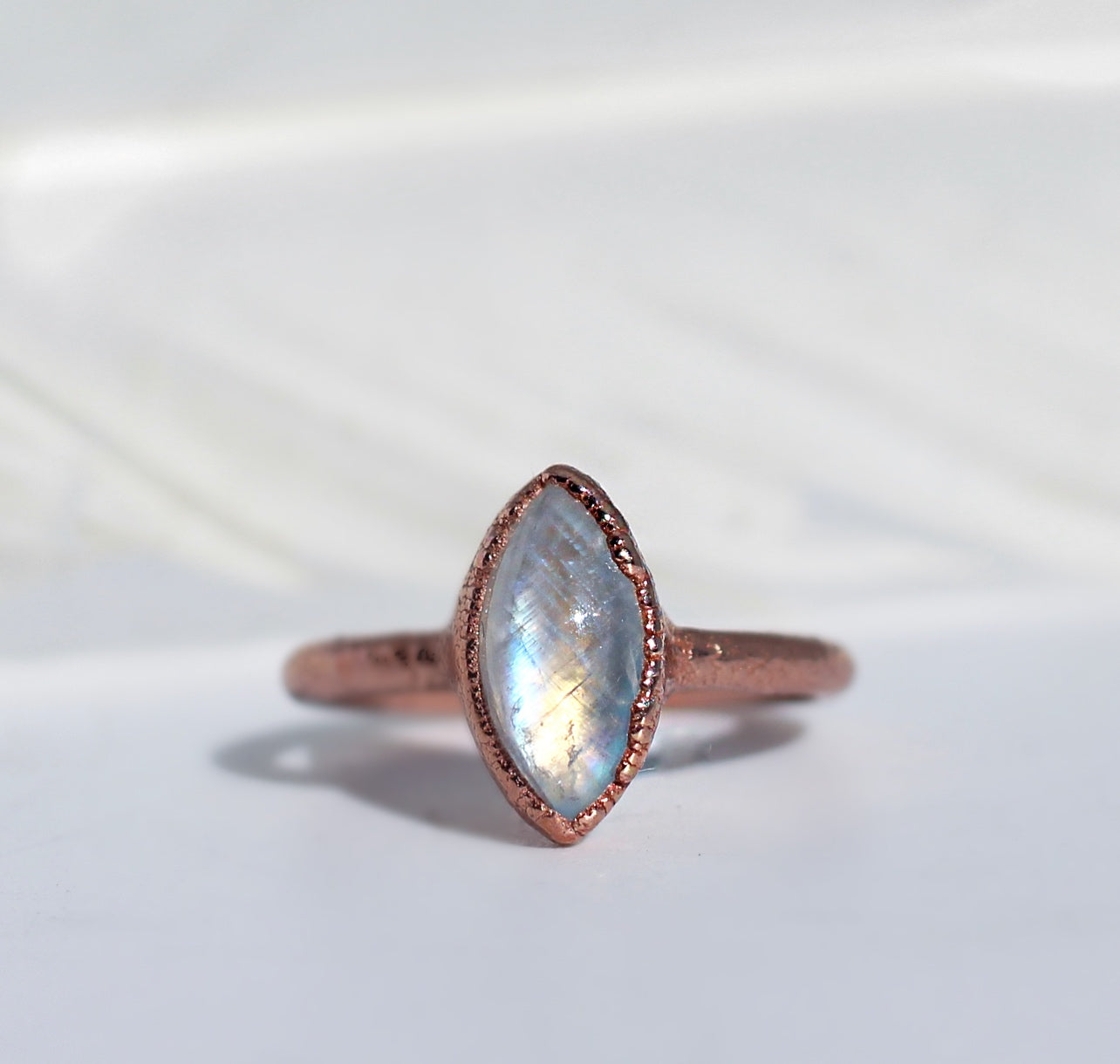 Moonstone or Labradorite Tiny Marquise Ring in Copper