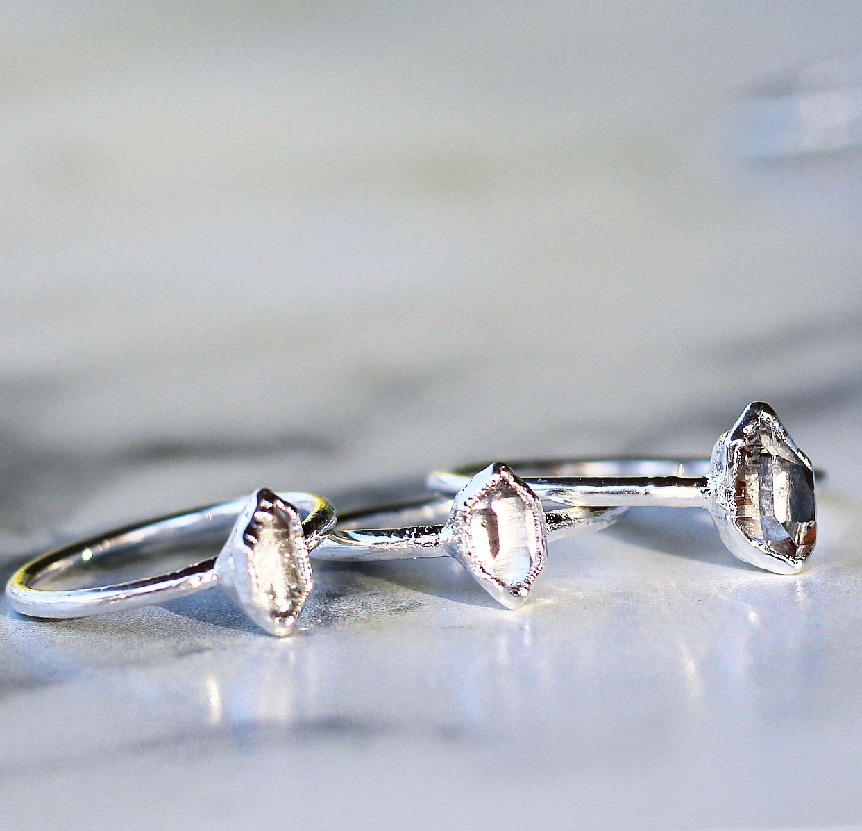 Herkimer Diamond Ring in Sterling Silver Shown with Available stacking rings