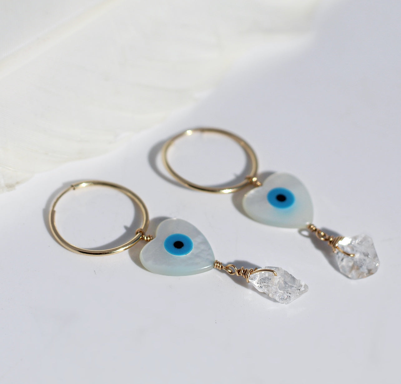 Evil Eye Heart and Herkimer Diamond Huggies | 14k Gold Sterling Silver