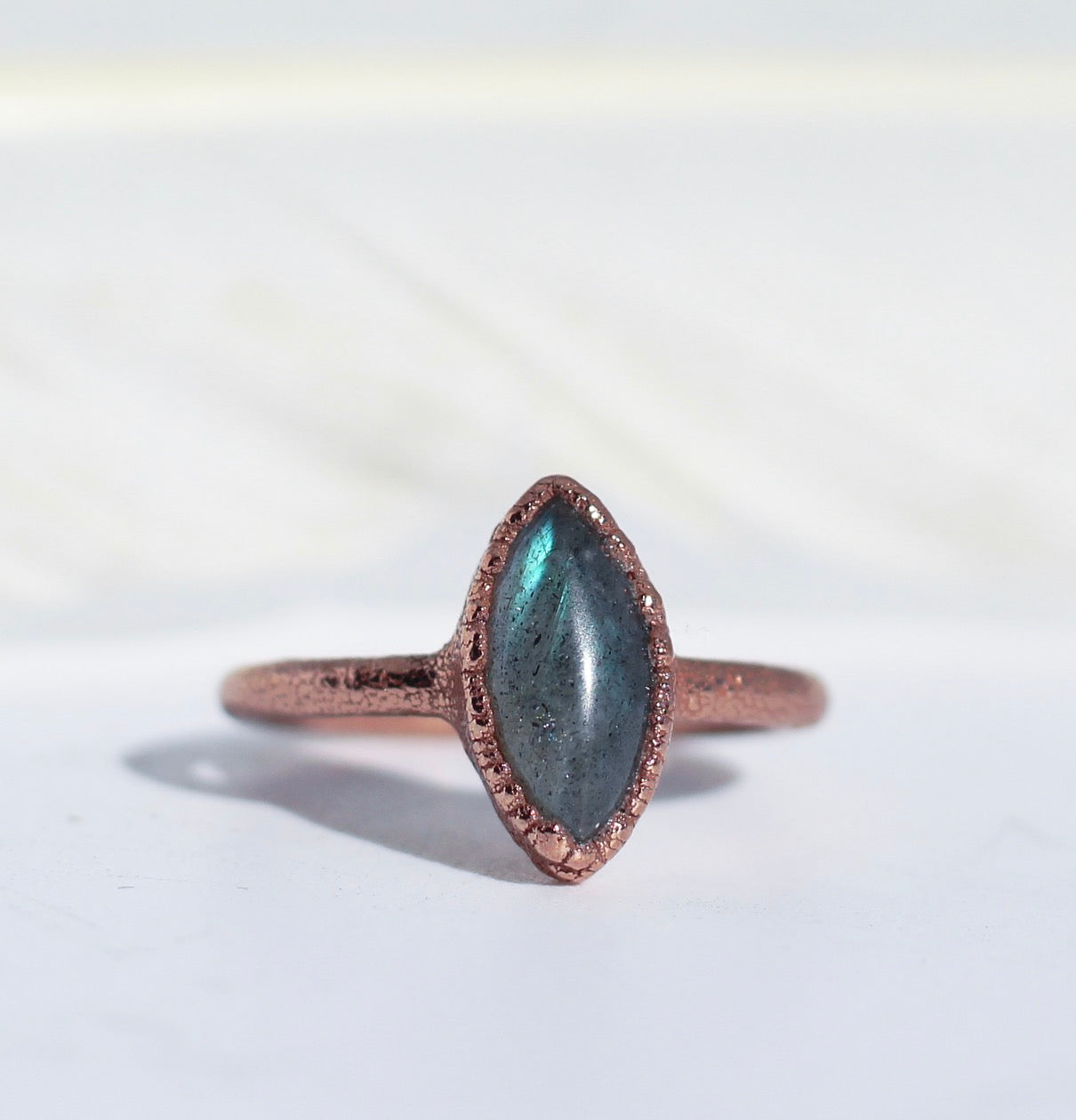 Moonstone or Labradorite Tiny Marquise Ring in Copper