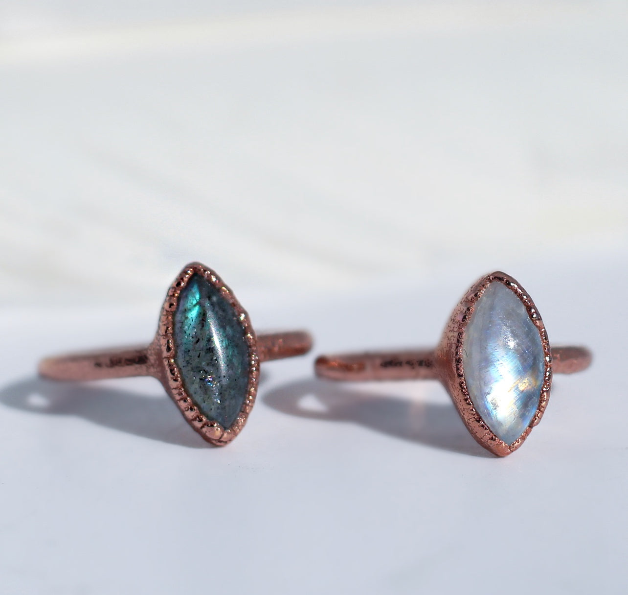 Moonstone or Labradorite Tiny Marquise Ring in Copper