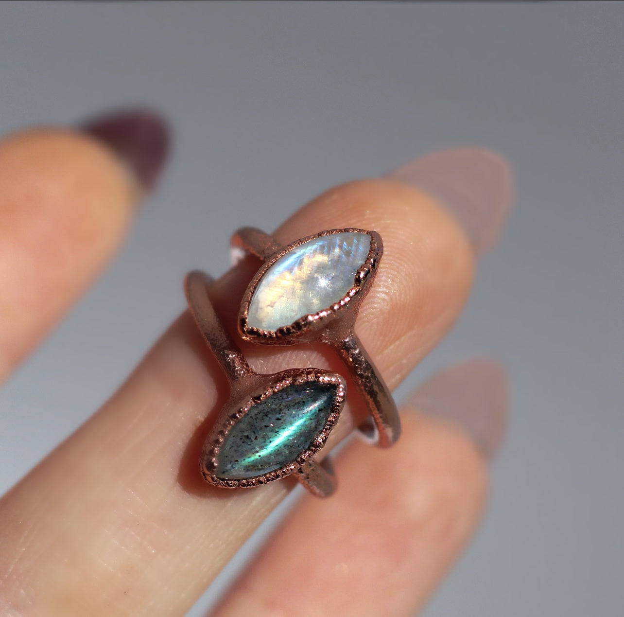 Moonstone or Labradorite Tiny Marquise Ring in Copper