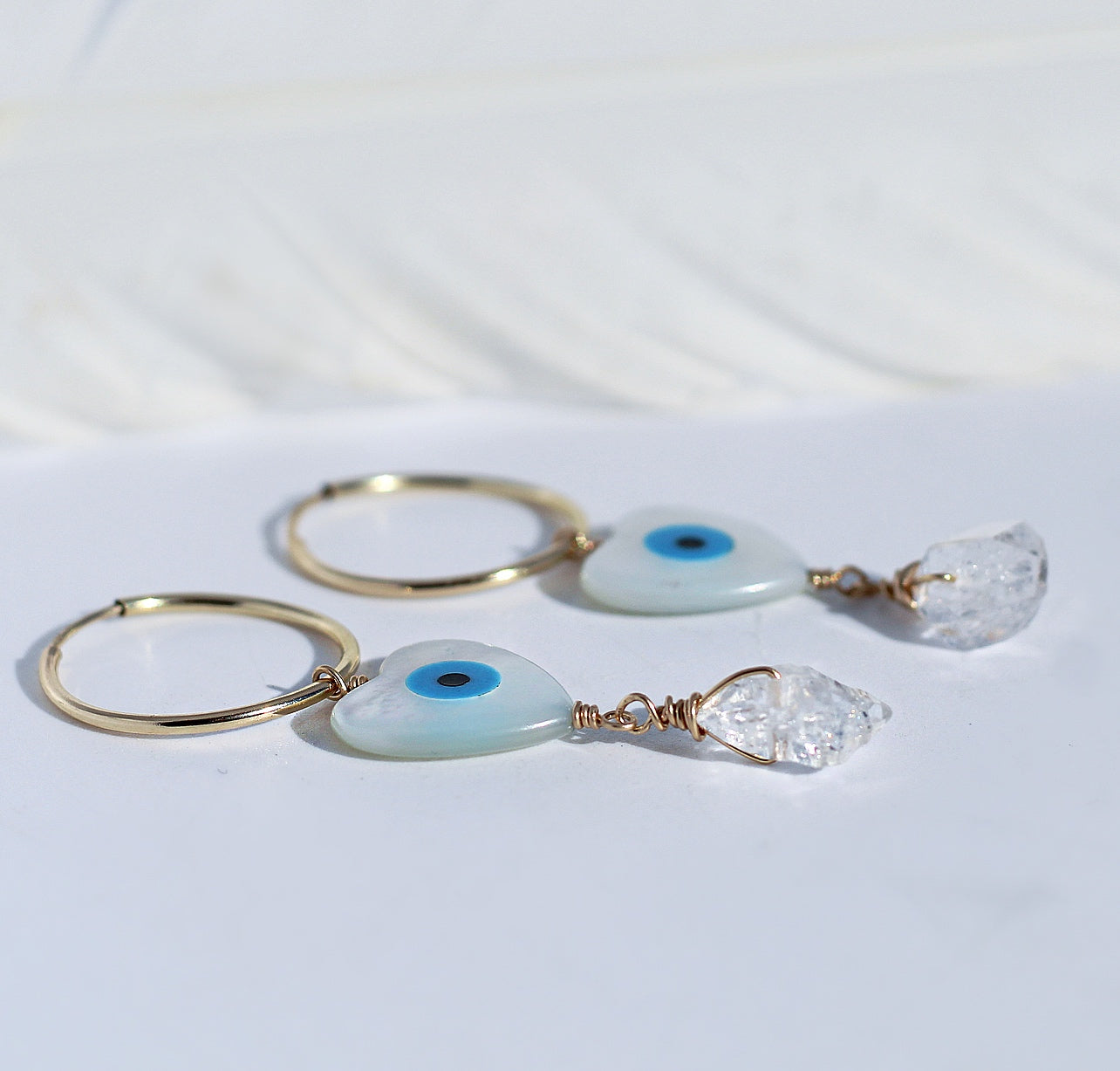 Evil Eye Heart and Herkimer Diamond Huggies | 14k Gold Sterling Silver